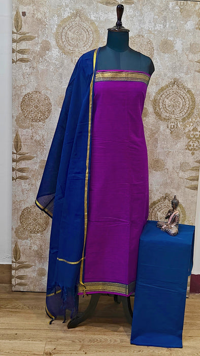 Mangalagiri Cotton Salwar Material -Magenta With Navy Blue