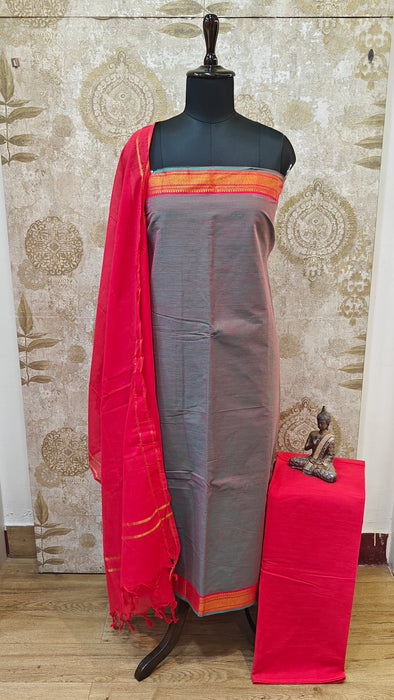 Mangalagiri Cotton Salwar Material - Grey With Red