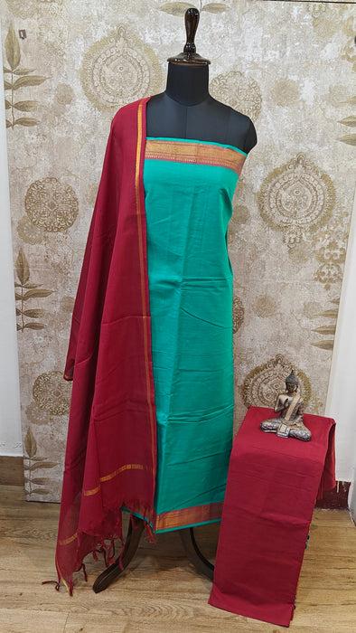 Mangalagiri Cotton Salwar Material - Teal Green & Maroon