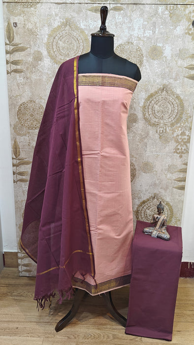 Mangalagiri Cotton Salwar Material - Light Peach With Wine