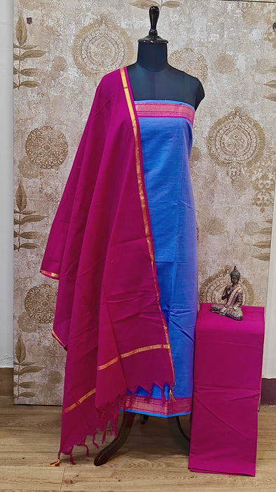 Mangalagiri Cotton Salwar Material - Blue With Rani Pink