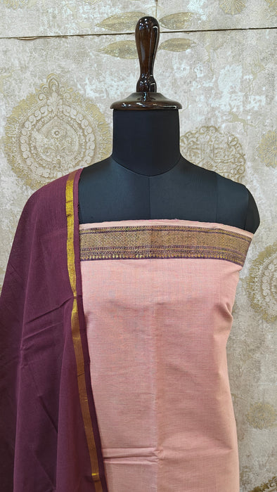Mangalagiri Cotton Salwar Material - Light Peach With Wine
