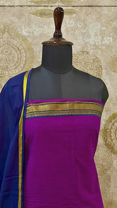 Mangalagiri Cotton Salwar Material -Magenta With Navy Blue