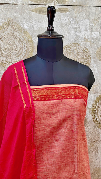 Mangalagiri Cotton Salwar Material - Peach Orange with Ruby Pink