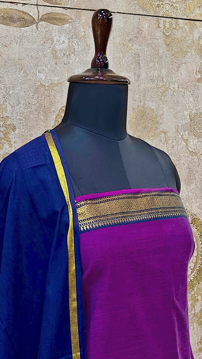 Mangalagiri Cotton Salwar Material -Magenta With Navy Blue