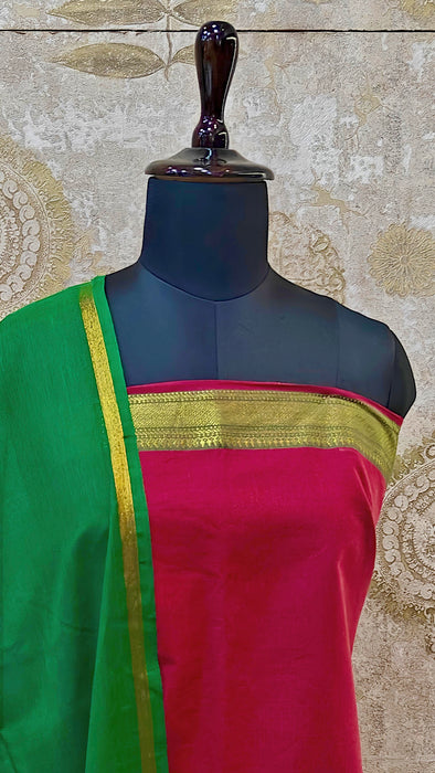 Mangalagiri Cotton Salwar Material - Red With Green