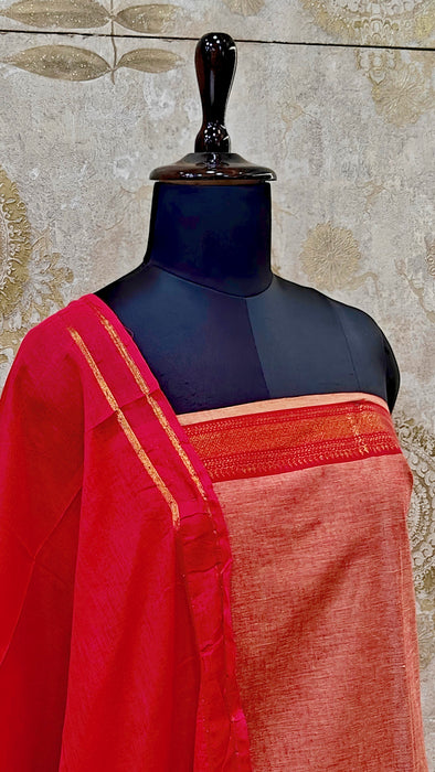 Mangalagiri Cotton Salwar Material - Peach Orange with Ruby Pink