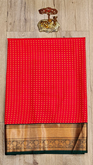 Semi Silk Half Saree Material - Red With BottleGreen