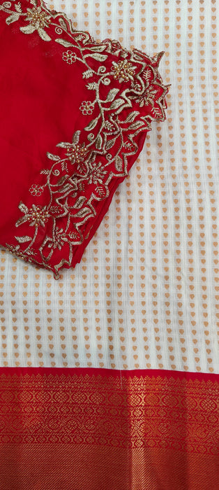 Semi Silk Half Saree Material - White With Red