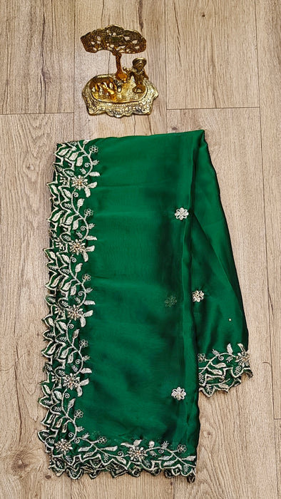Semi Silk Half Saree Material - Red With BottleGreen