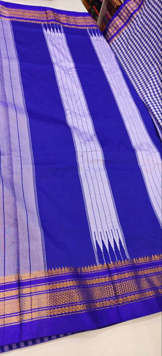 Royal Blue & White Checked Ilkal Saree with Zari Border - RoyalBlue With White