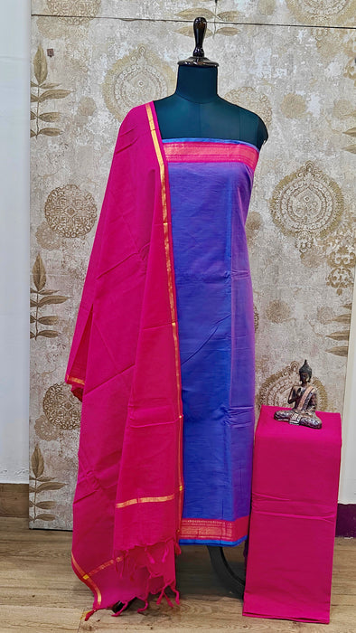 Mangalagiri Cotton Salwar Material - Purple With Rani Pink