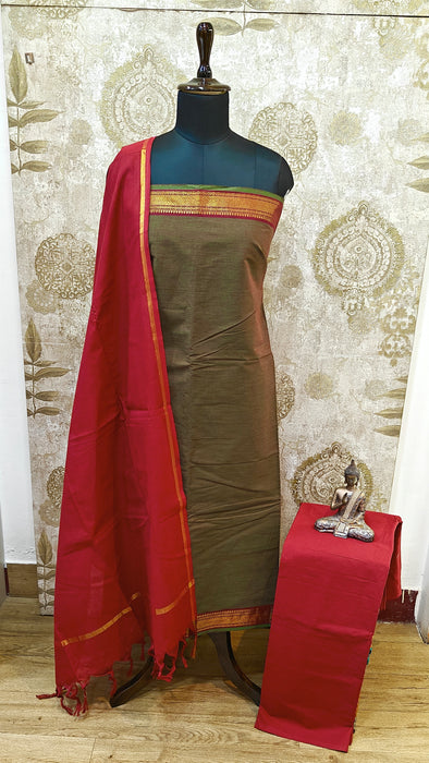 Mangalagiri Cotton Salwar Material - Olive Green With Maroon