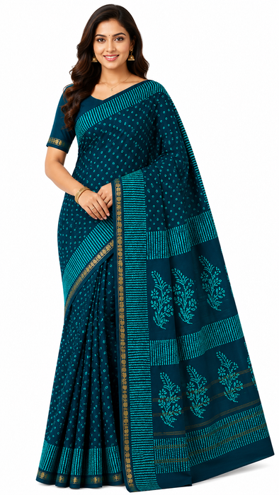 Rani Sungudi Saree Doubleside 1inch Border Self - Chakra Bandini-NavyBlue