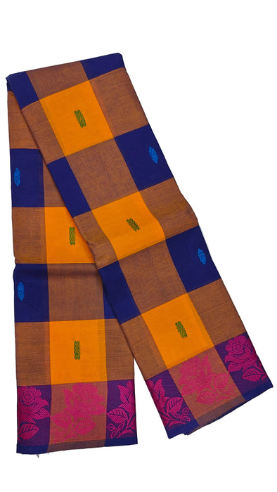 Chettinad Cotton Checked Saree – DarkBlue With Mustard Thread Border