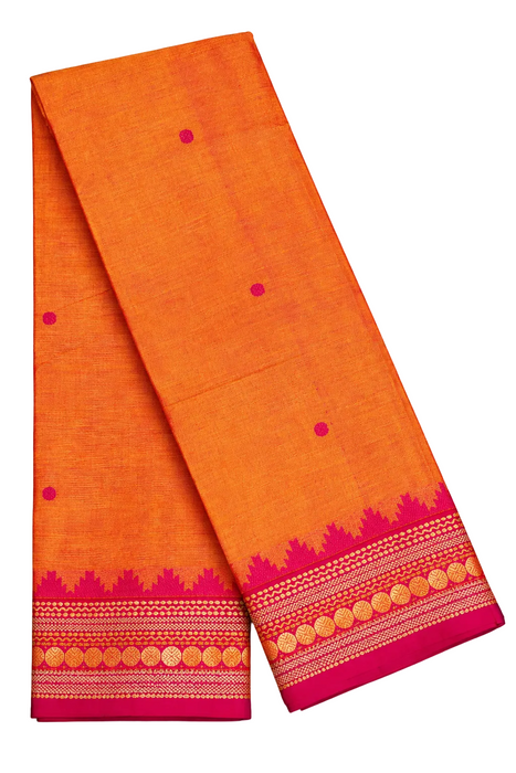 Chettinad Cotton Saree with Traditional Border - Orange With Pink