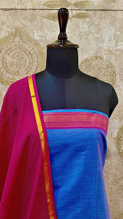 Mangalagiri Cotton Salwar Material - Blue With Rani Pink