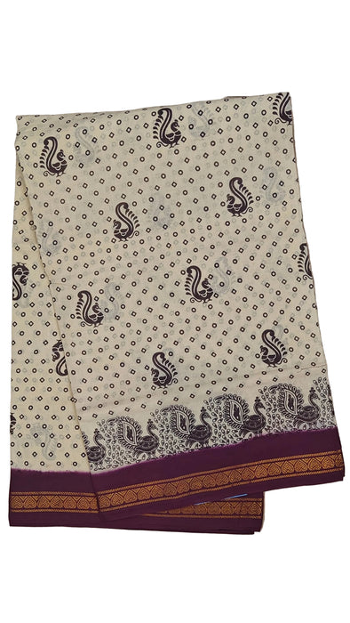Rani Sungudi Cotton Sarees Double Side Zari Border Polka Dot With Mayil Print-Offwhite-Purple