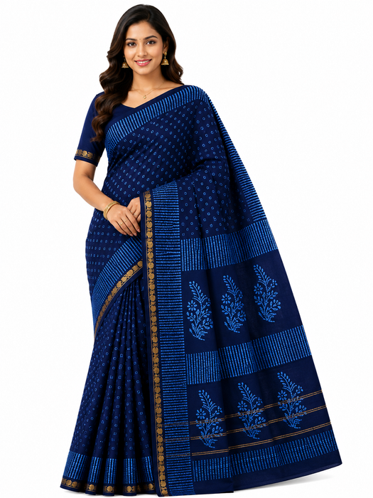 Rani Sungudi Saree Doubleside 1inch Border Self - Chakra Bandini-DarkBlue