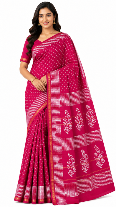 Rani Sungudi Saree Doubleside 1inch Border Self - Chakra Bandini-Pink