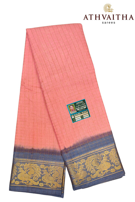 Sungudi Cotton Checks Sarees Peach With Contrast Gold Border