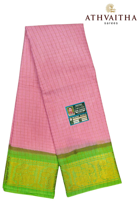 Rani Sungudi Zari Checks Sarees Babypink With Contrast Gold Border