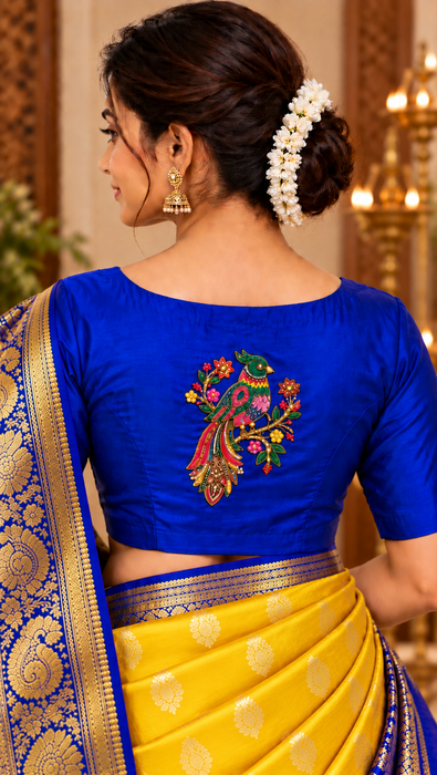 Ink Blue Silk Cotton Readymade Blouse with Peacock