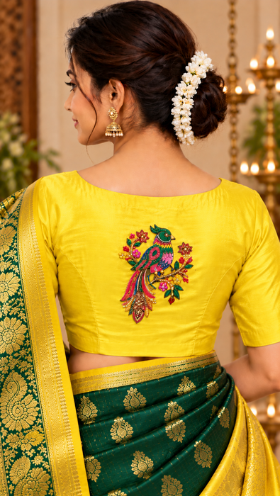 Lemon Yellow Silk Cotton Readymade Blouse with Peacock