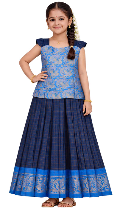Traditional Rani Sungudi Cotton Kids Pavadai Sattai - InkBlue With DarkBlue