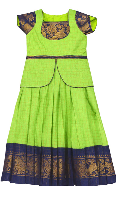 Kids Pavadai Sattai Parrot Green Sungudi Cotton Ethnic Wear for Girls