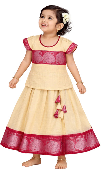 Traditional Kids Pavadai Sattai Off White Rani Sungudi Cotton Dress