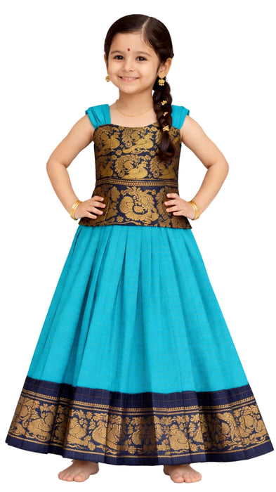 Sky Blue Kids Pavadai Sattai - Traditional Cotton Set - DarkBlue With SkyBlue