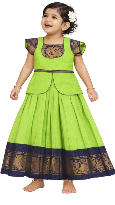 Kids Pavadai Sattai Parrot Green Sungudi Cotton Ethnic Wear for Girls