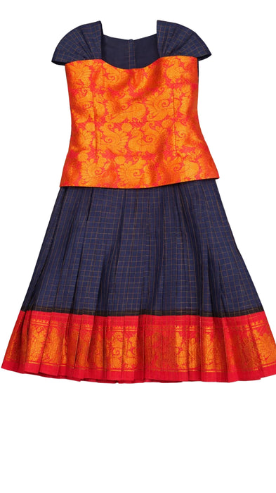 Traditional Kids Pavadai Sattai Navy Blue Rani Sungudi Cotton Dress