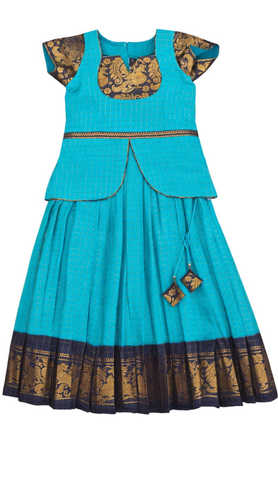 Kids Pavadai Sattai Blue Sungudi Cotton Ethnic Wear for Girls
