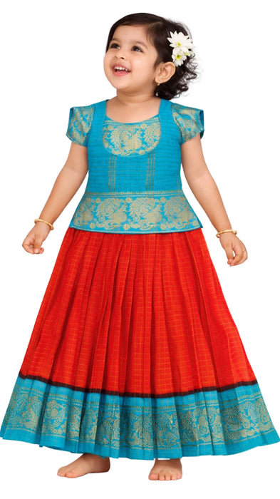 Traditional Kids Sungudi cotton Pavadai Sattai for young girls