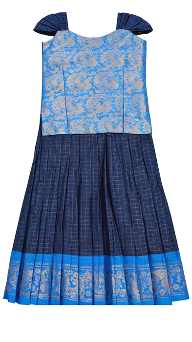 Traditional Rani Sungudi Cotton Kids Pavadai Sattai - InkBlue With DarkBlue