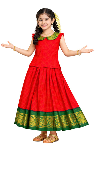 Traditional Rani Sungudi Cotton Kids Pavadai Sattai