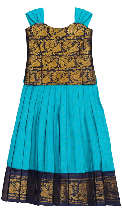 Sky Blue Kids Pavadai Sattai - Traditional Cotton Set - DarkBlue With SkyBlue