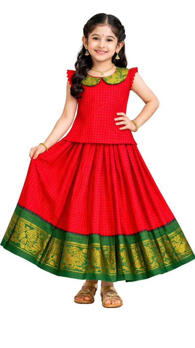 Traditional Rani Sungudi Cotton Kids Pavadai Sattai