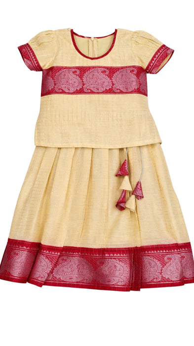 Traditional Kids Pavadai Sattai Off White Rani Sungudi Cotton Dress