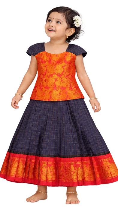 Traditional Kids Pavadai Sattai Navy Blue Rani Sungudi Cotton Dress