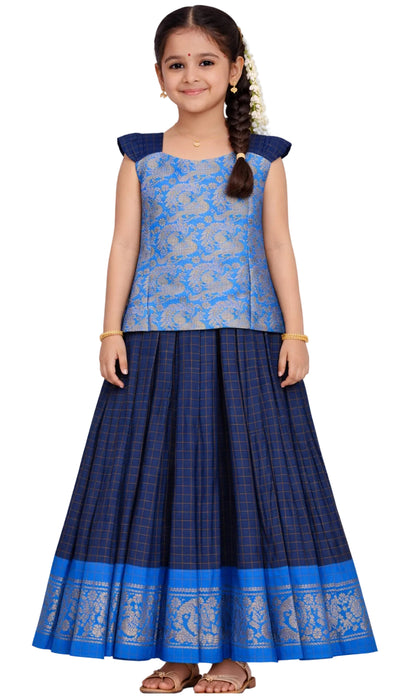 Traditional Rani Sungudi Cotton Kids Pavadai Sattai - InkBlue With DarkBlue