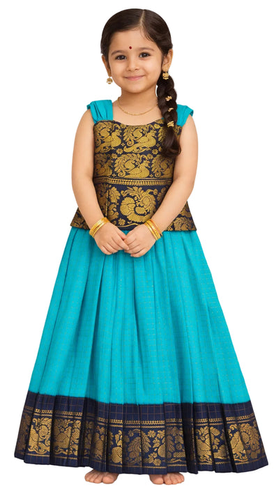 Sky Blue Kids Pavadai Sattai - Traditional Cotton Set - DarkBlue With SkyBlue