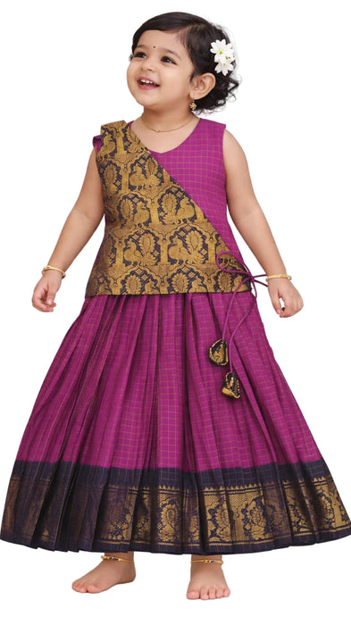Kids Pavadai Sattai Magenta Rani Sungudi Cotton Ethnic Wear for Girls