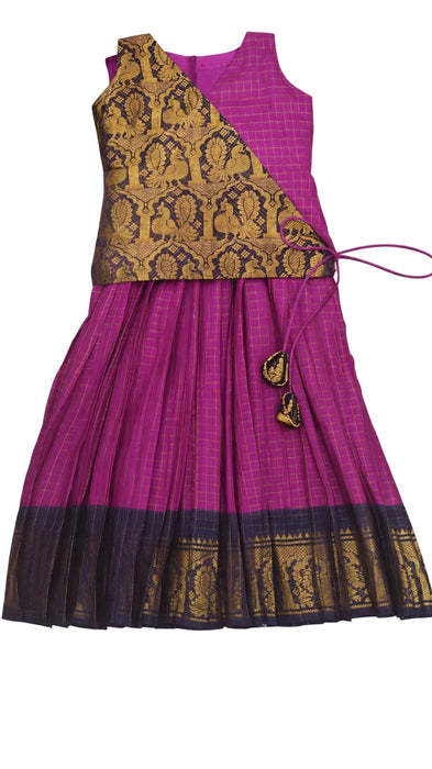 Kids Pavadai Sattai Magenta Rani Sungudi Cotton Ethnic Wear for Girls