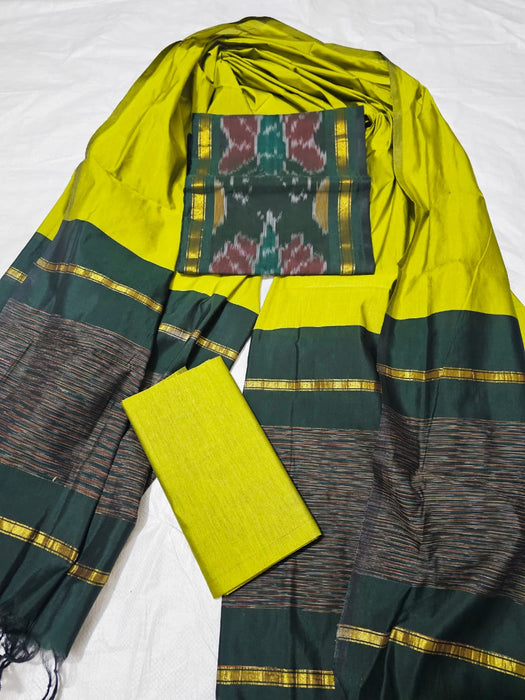 Ikkat Sico Silk Cotton Salwar Material - BottleGreen With OliveGreen