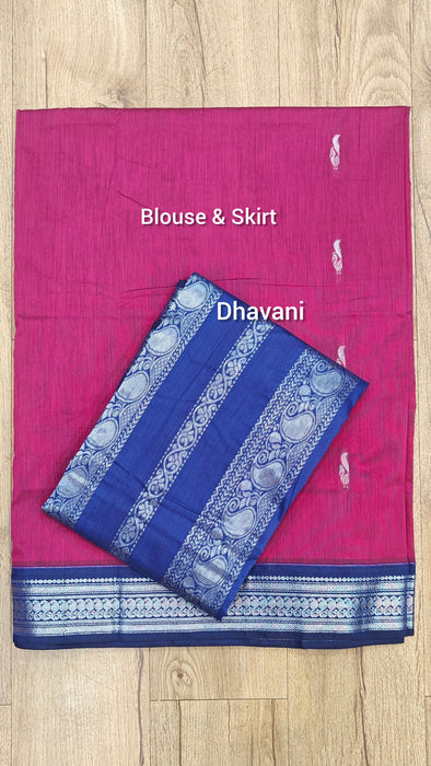 Cotton Half Saree Material - Pink With Blue