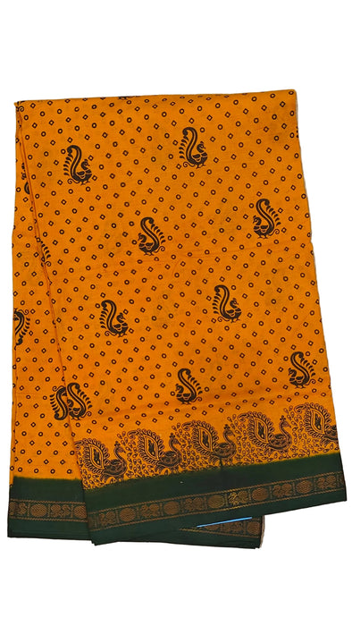 Rani Sungudi Cotton Sarees Double Side Zari Border Polka Dot With Mayil Print-Yellow-BottleGreen