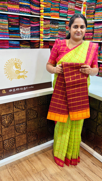 Rani Sungudi Premium Cotton Big Zari Checks-Maroon With Orange
